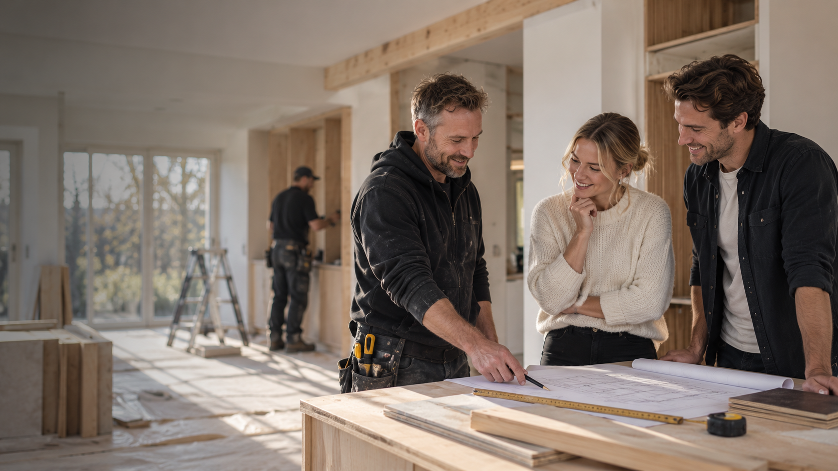 Renoveringsmöte i ljusa hemmet – HITMEUPs team går igenom projektet